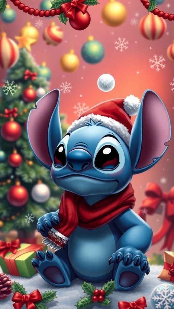 Aesthetic Christmas wallpaper with Stitch, decorated with festive elements like ornaments and snowflakes.